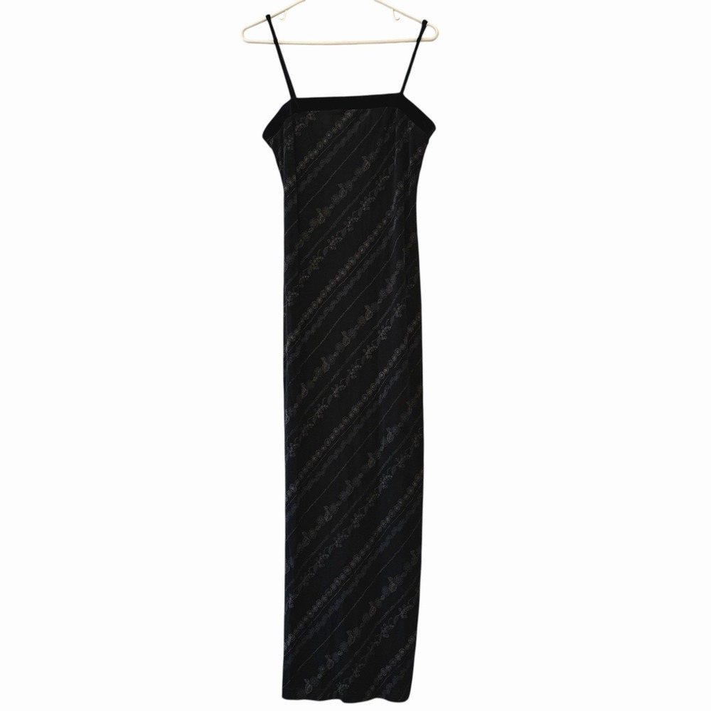 VTG Ecru Studio Maxi Dress Gown Y2K Black Floral Velvet Whimsigoth Fairy‎ Large